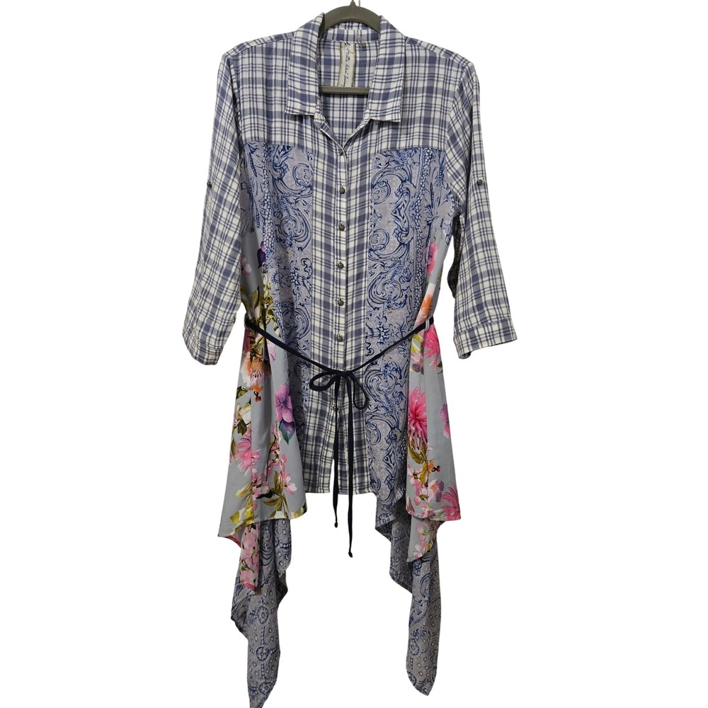 Mixed-Print Blue Floral & Plaid Tunic Shirt - Picture 2 of 16